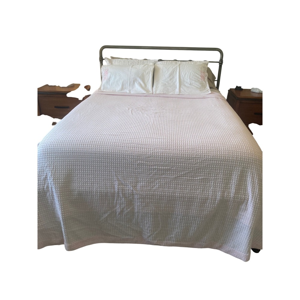 Morgan Jones Vintage Pink Waffle Weave Cotton Bedspread Full Set 2 Pillowcases